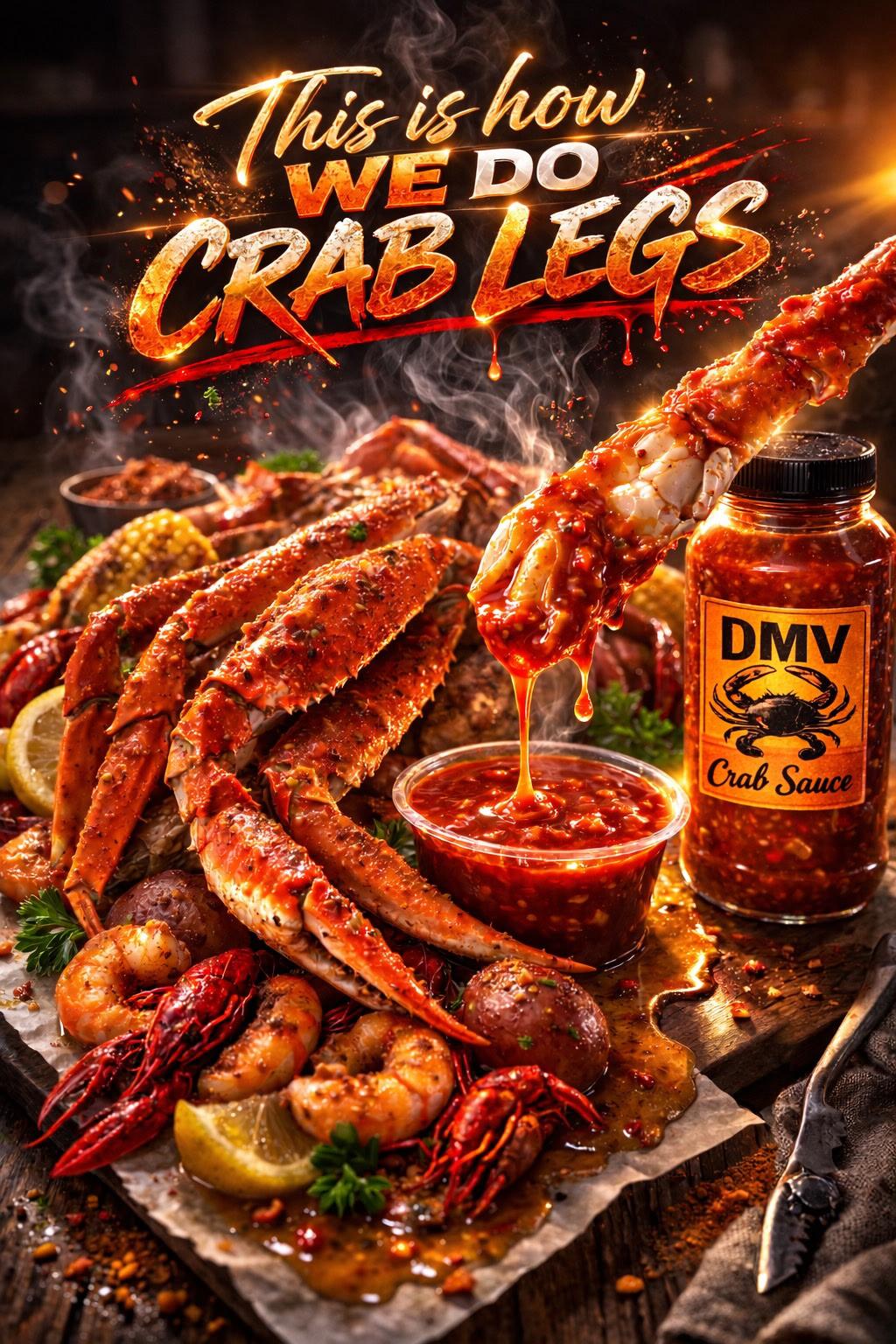 Fresh crab legs with DMV Crab Sauce